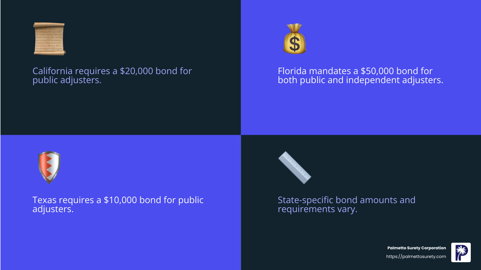 Understanding the requirements for insurance adjuster bonds 3 State-specific bond requirements - insurance adjuster bond infographic 4_facts_emoji_blue