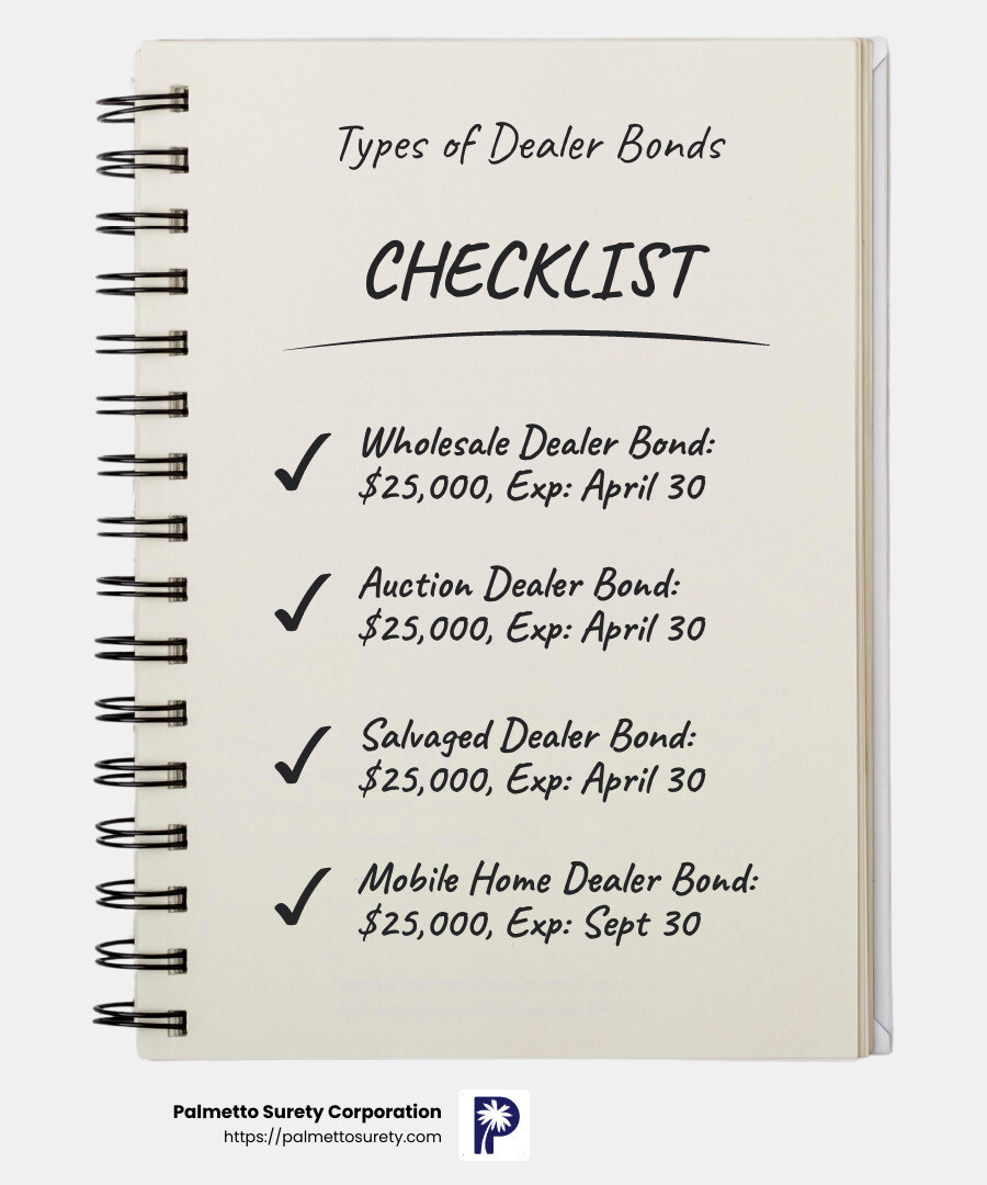 Other dealer bonds: various bond amounts and expiration dates - fl auto dealer bond infographic checklist-notebook