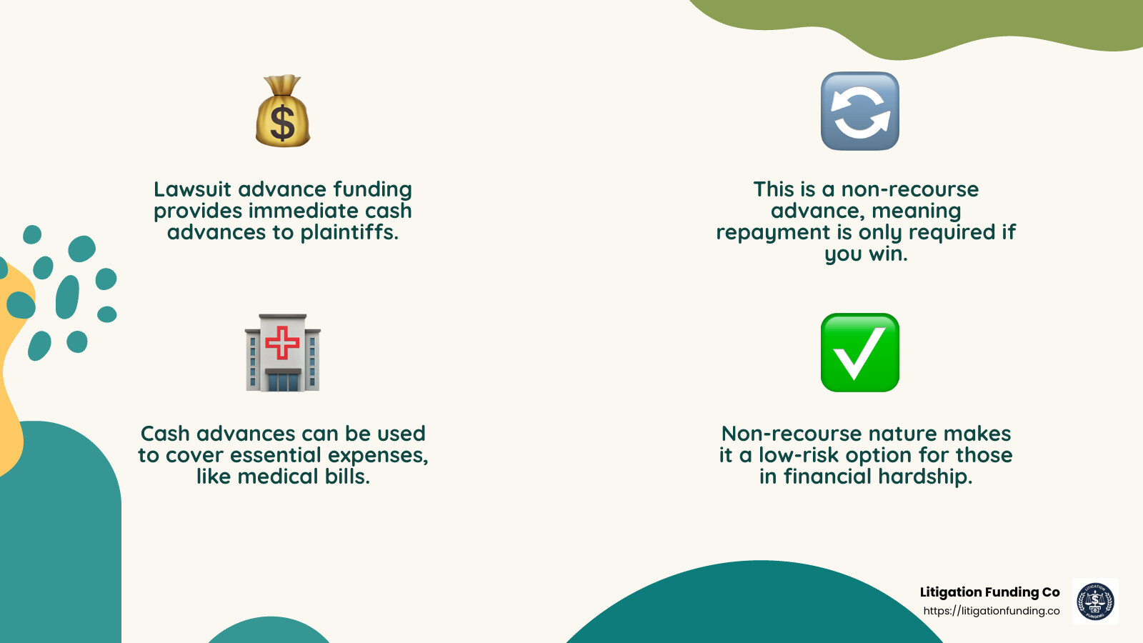 Non-recourse funding means you only repay if you win - lawsuit advance funding infographic 4_facts_emoji_nature