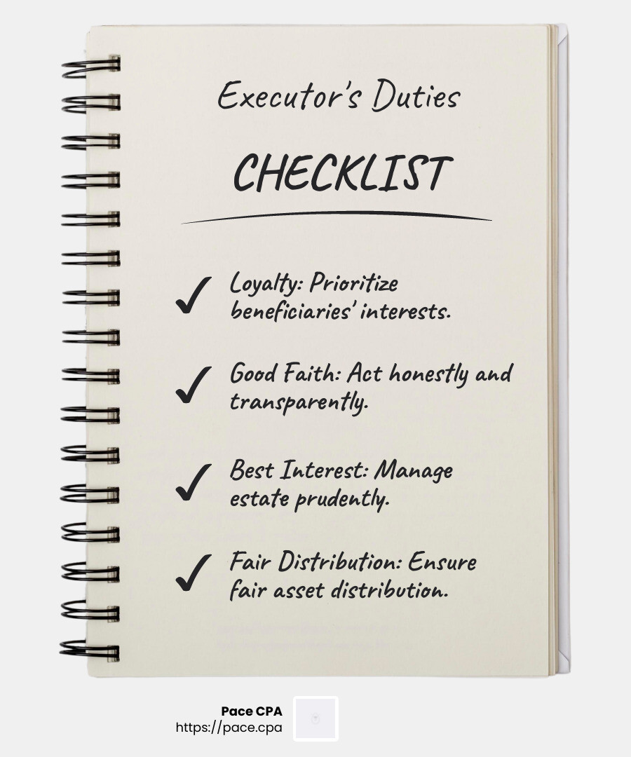Executor's Fiduciary Duty - what happens in final accounting at probate hearing infographic checklist-notebook