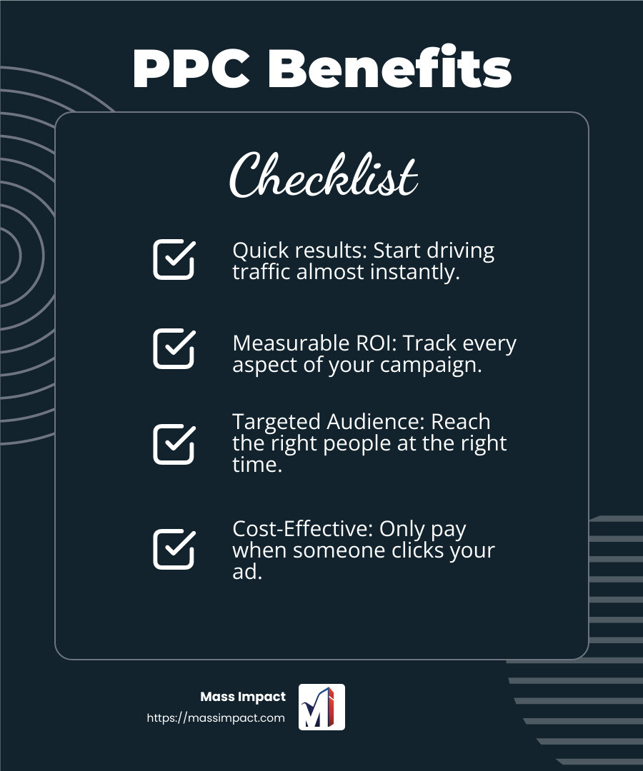 PPC clicks convert at 1.5X the rate of organic search clicks (Moz) - ppc advertising services infographic checklist-dark-blue