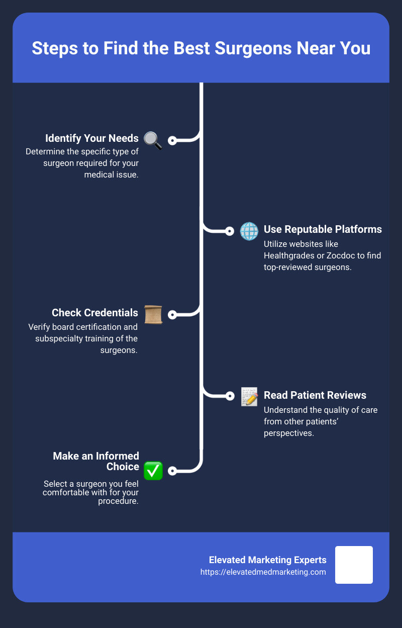 Steps on how to identify and select a qualified surgeon in your local area - Local search for surgeons infographic infographic-line-5-steps