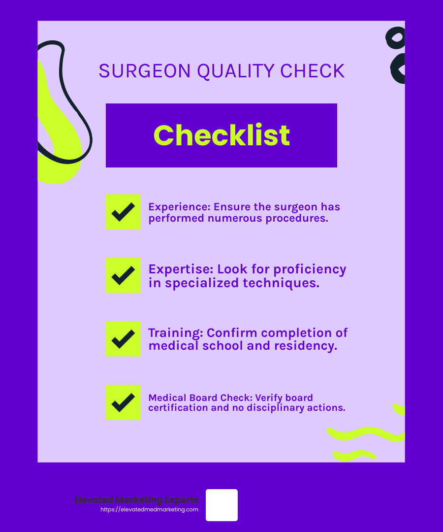 Ensure your surgeon is board-certified and has no disciplinary actions against them - Local search for surgeons infographic checklist-fun-neon