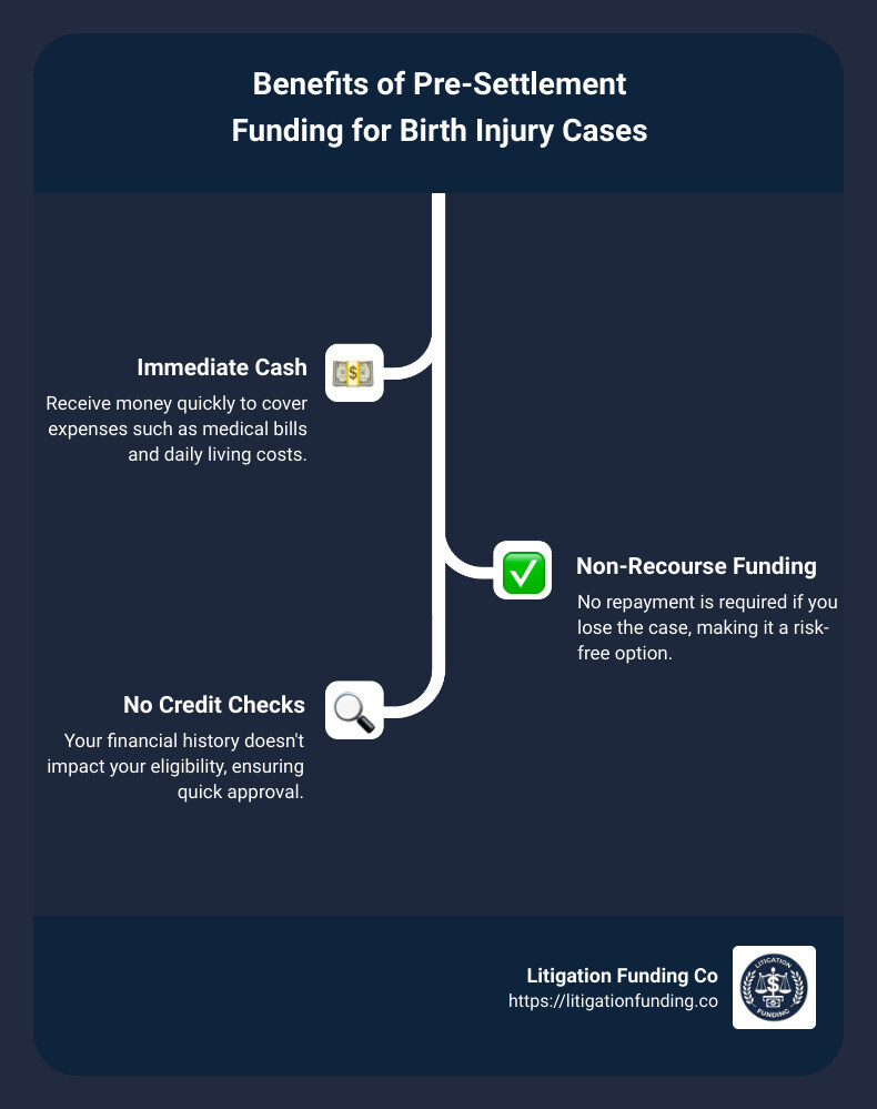 Benefits of Pre-Settlement Funding for Birth Injury Cases - birth injury lawsuit pre settlement funding loan infographic infographic-line-3-steps