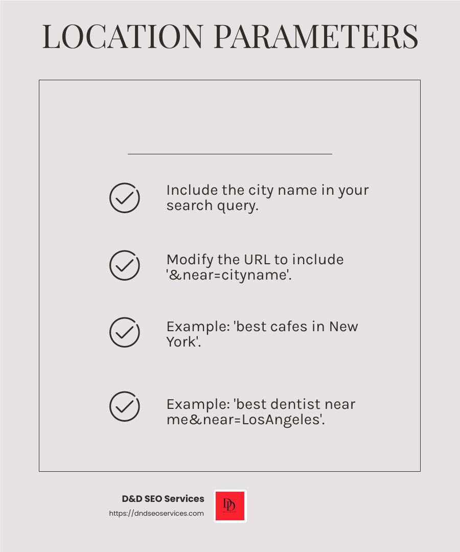 Using location parameters in search queries - How To See Google Search Results And Rankings For Different Locations infographic checklist-light-beige Using location parameters in search queries - How To See Google Search Results And Rankings For Different Locations infographic checklist-light-beige