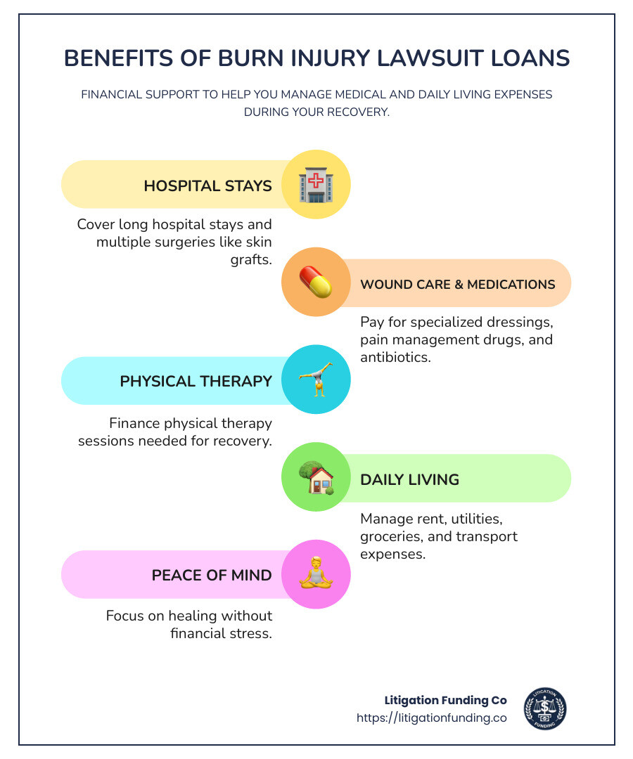 Burn injury lawsuit loans provide essential financial relief, covering medical expenses and daily living costs during your recovery. - burn injury lawsuit pre settlement funding loan infographic infographic-line-5-steps-colors