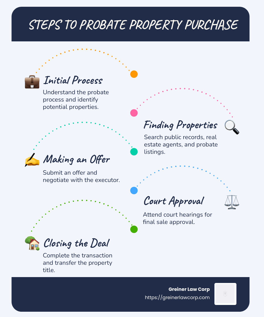 Greiner Law Corp - probate property purchase infographic infographic-line-5-steps-blues-accent_colors