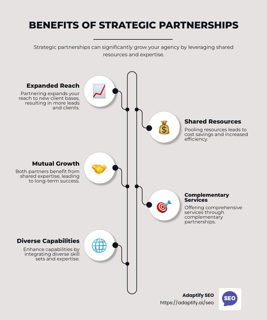 Strategic partnerships lead to mutual growth and expanded reach. - grow your agency infographic infographic-line-5-steps-neat_beige