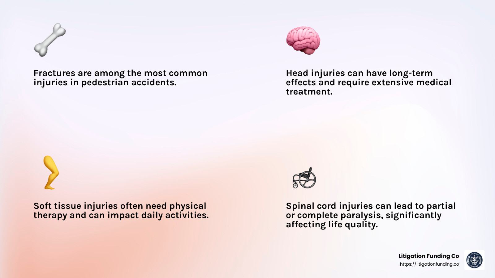 Pedestrian accidents can result in various injuries, including fractures, head injuries, and spinal cord injuries. - pedestrian accident lawsuit pre settlement funding loan infographic 4_facts_emoji_light-gradient