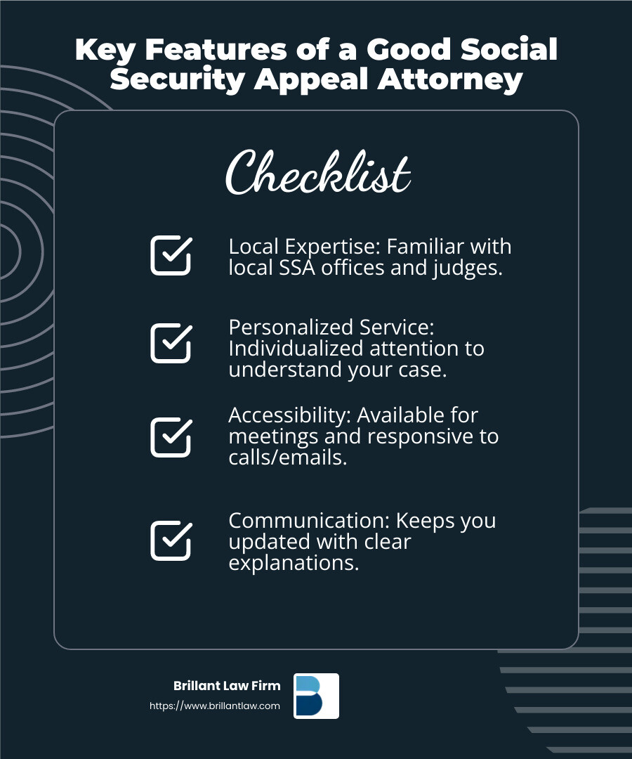 Clear and frequent communication is key to a successful attorney-client relationship. - social security appeal attorney near me infographic checklist-dark-blue