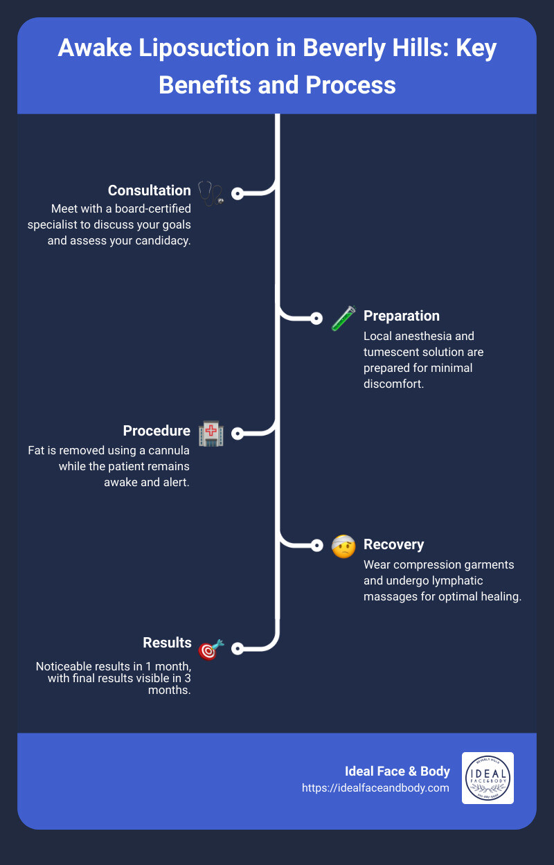 Awake liposuction procedure benefits, providers in Beverly Hills, recovery timeline, modern treatments, safer and effective body contouring - Awake liposuction Beverly Hills infographic infographic-line-5-steps