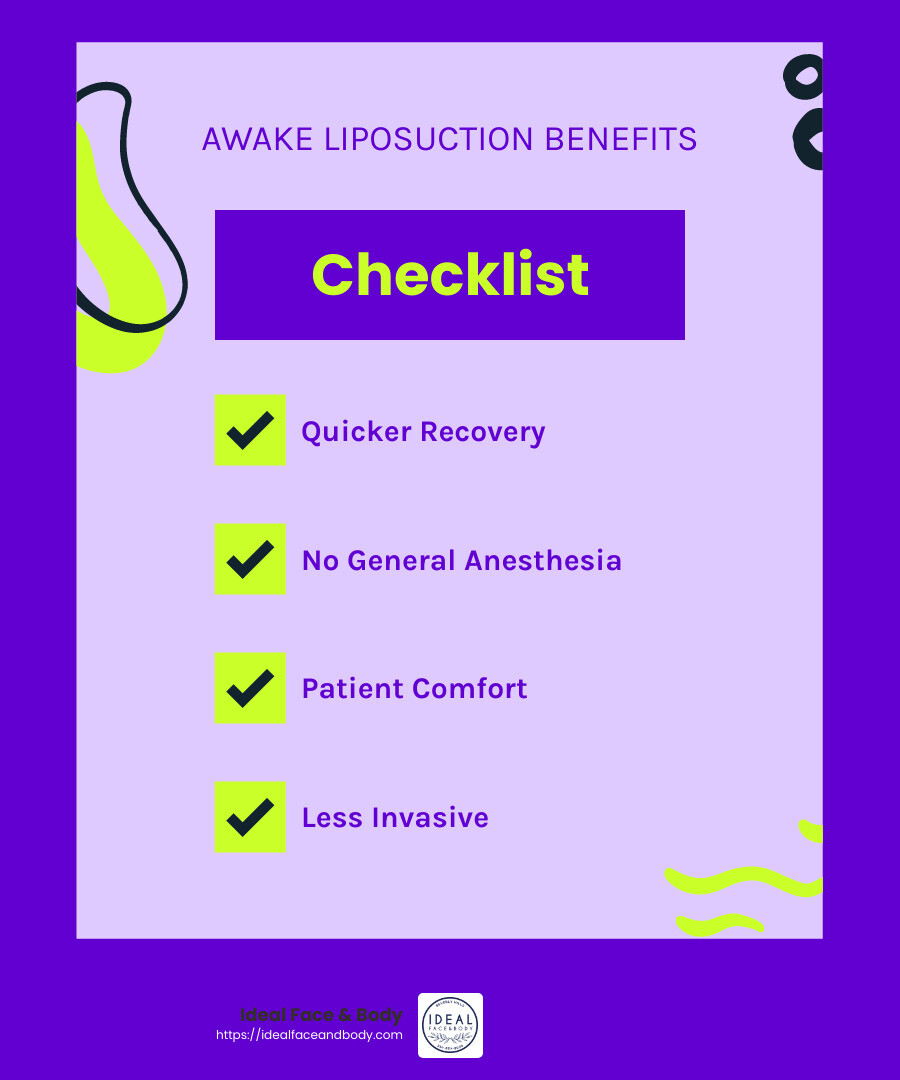 Awake liposuction results in shorter recovery times and less pain - Awake liposuction Beverly Hills infographic checklist-fun-neon