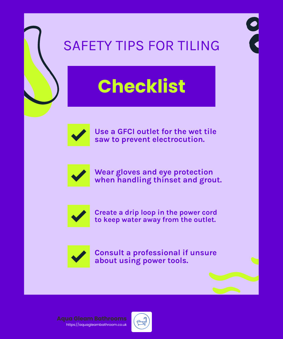 Safety tip about using a wet tile saw - tiling a bathroom floor infographic checklist-fun-neon