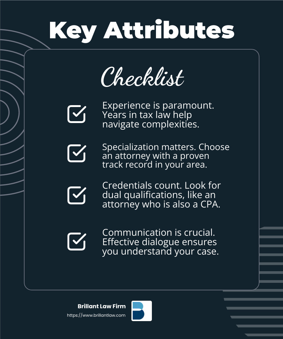 45f25292a4583f77fc4685350152dfec6bce1791 An Essential Guide to Finding a Tax Attorney in Los Angeles Find the best Tax Attorney Los Angeles. Learn key qualities, top services, and why attorneys can be better than CPAs for legal tax issues. Client testimonials highlight an attorney's expertise and client satisfaction. - Tax Attorney Los Angeles infographic checklist-dark-blue