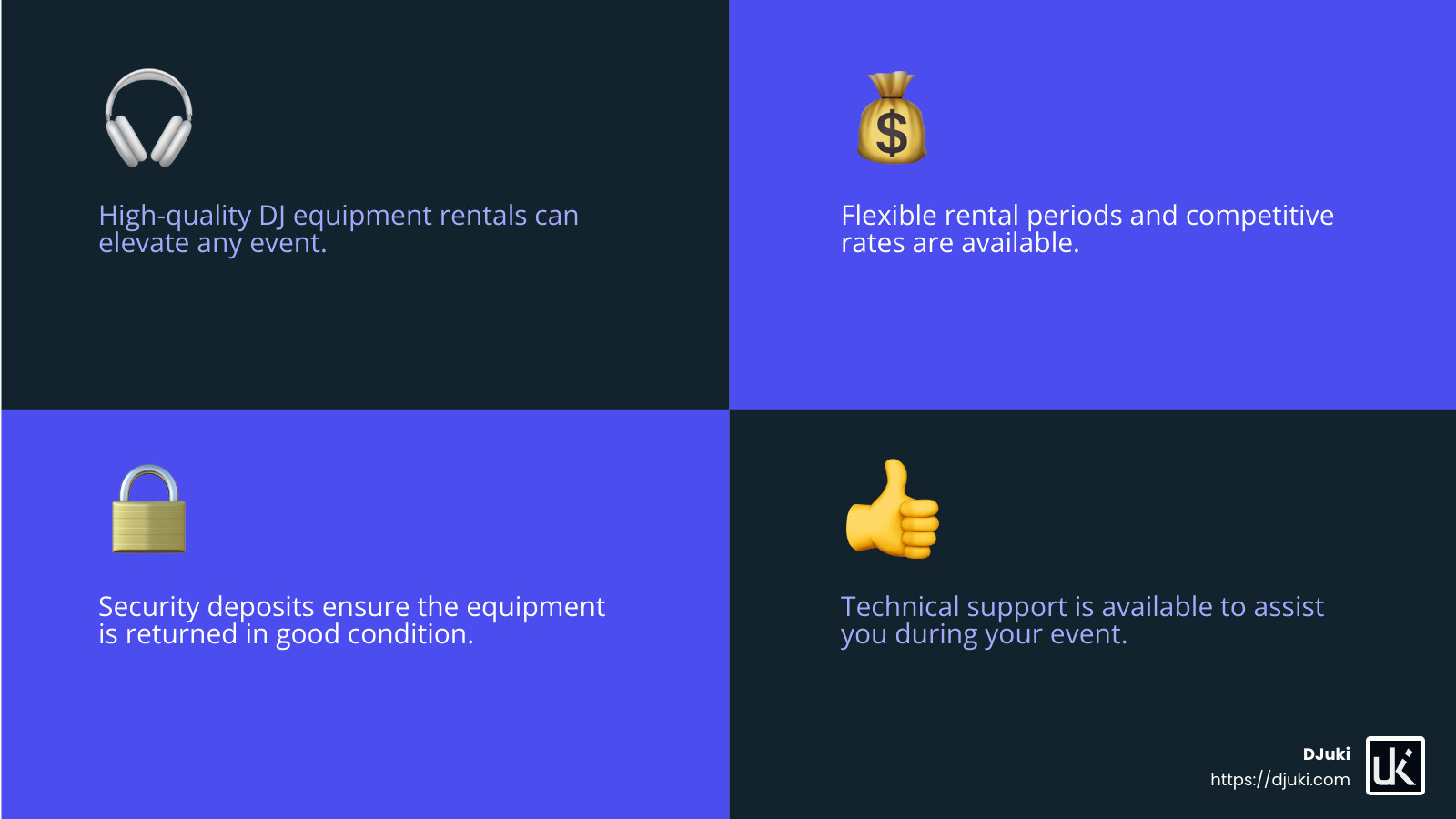 Contact us for DJ equipment rental - DJ equipment rental infographic 4_facts_emoji_blue