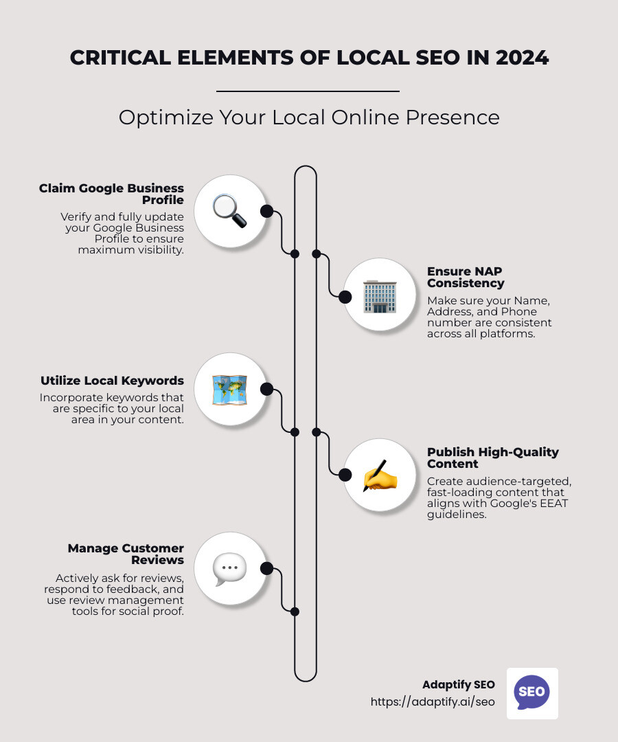 Summary of local SEO essentials for 2024 - local search engine optimization infographic infographic-line-5-steps-neat_beige
