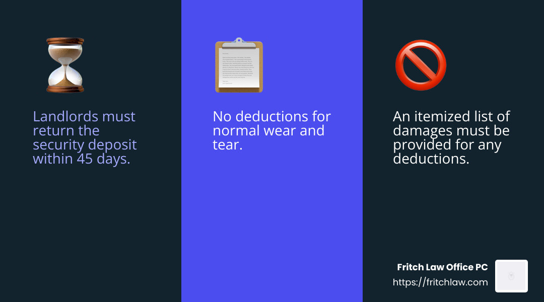 Indiana law stipulates a 45-day return timeline for security deposits, contingent on the renter leaving the property in good order, bar the acceptable wear and tear. - indiana landlord laws infographic 3_facts_emoji_blue