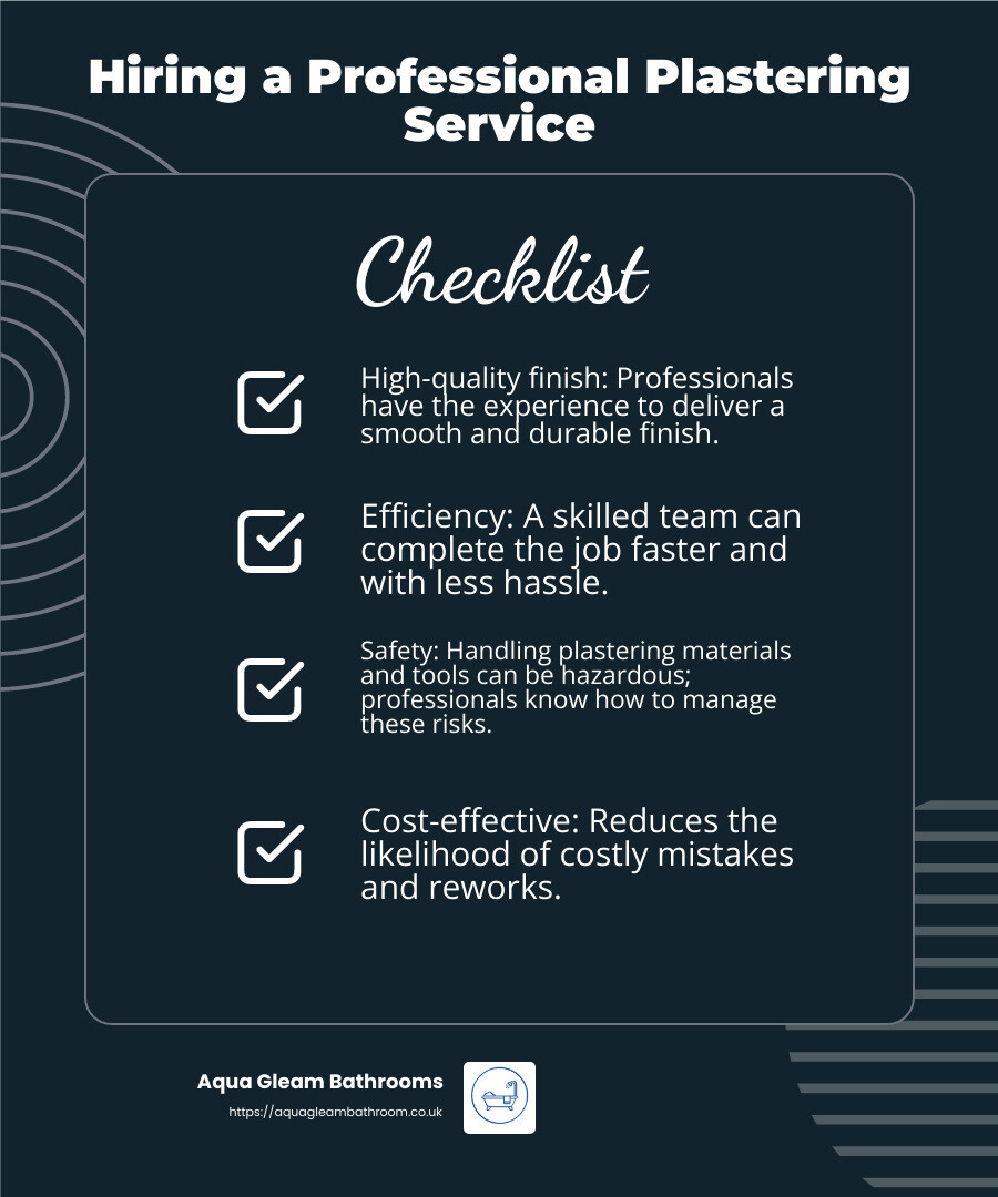 Hiring a professional plastering service offers several benefits, including a high-quality finish and faster completion times. - select plastering solutions infographic checklist-dark-blue
