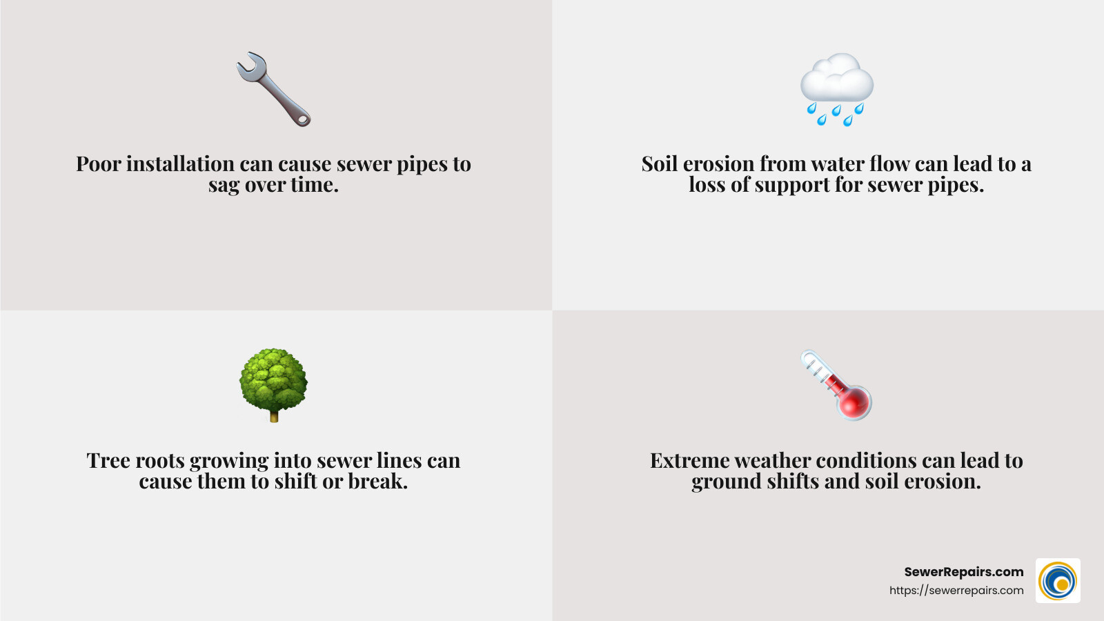 Weather conditions like extreme heat and cold can cause ground shifts, leading to sewer line bellies. - fixing belly in sewer line infographic 4<em>facts</em>emoji_grey Weather conditions like extreme heat and cold can cause ground shifts, leading to sewer line bellies. - fixing belly in sewer line infographic 4<em>facts</em>emoji_grey