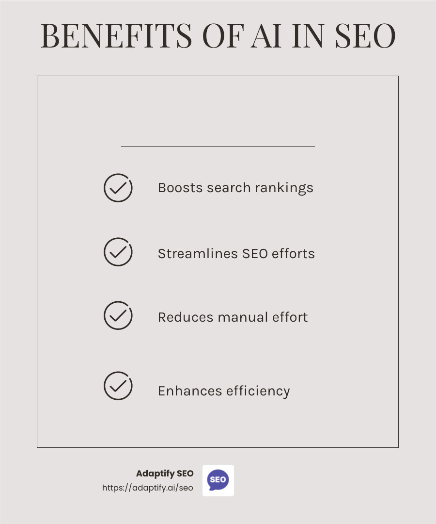 Adaptify SEO has significantly helped us scale our content creation workflow, allowing us to gain more traffic from Google. - top ai seo tools infographic checklist-light-beige