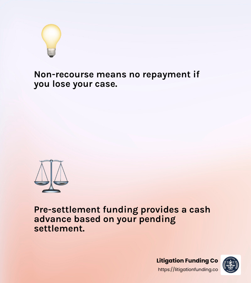 Non-recourse funding means no repayment if you lose your case - is pre settlement funding a loan infographic 2<em>facts</em>emoji_light-gradient Non-recourse funding means no repayment if you lose your case - is pre settlement funding a loan infographic 2<em>facts</em>emoji_light-gradient