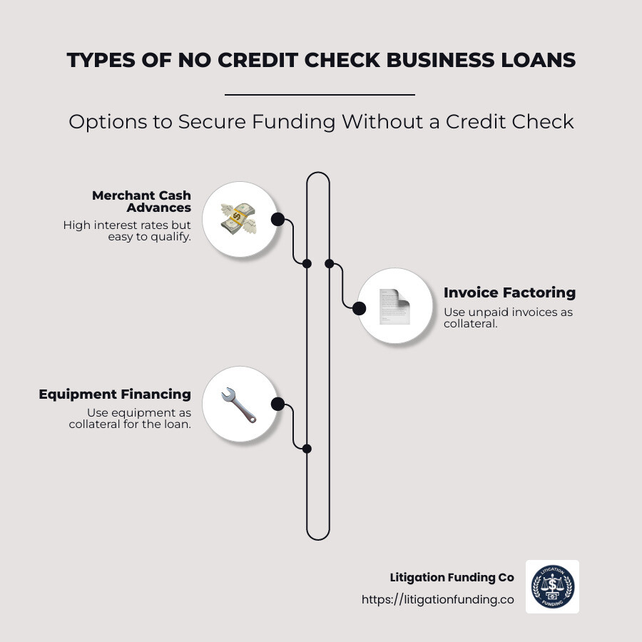 Infographic detailing different types of business loans without credit checks, including options like merchant cash advances, invoice factoring, and crowdfunding. - business loan without credit check infographic infographic-line-3-steps-neat_beige