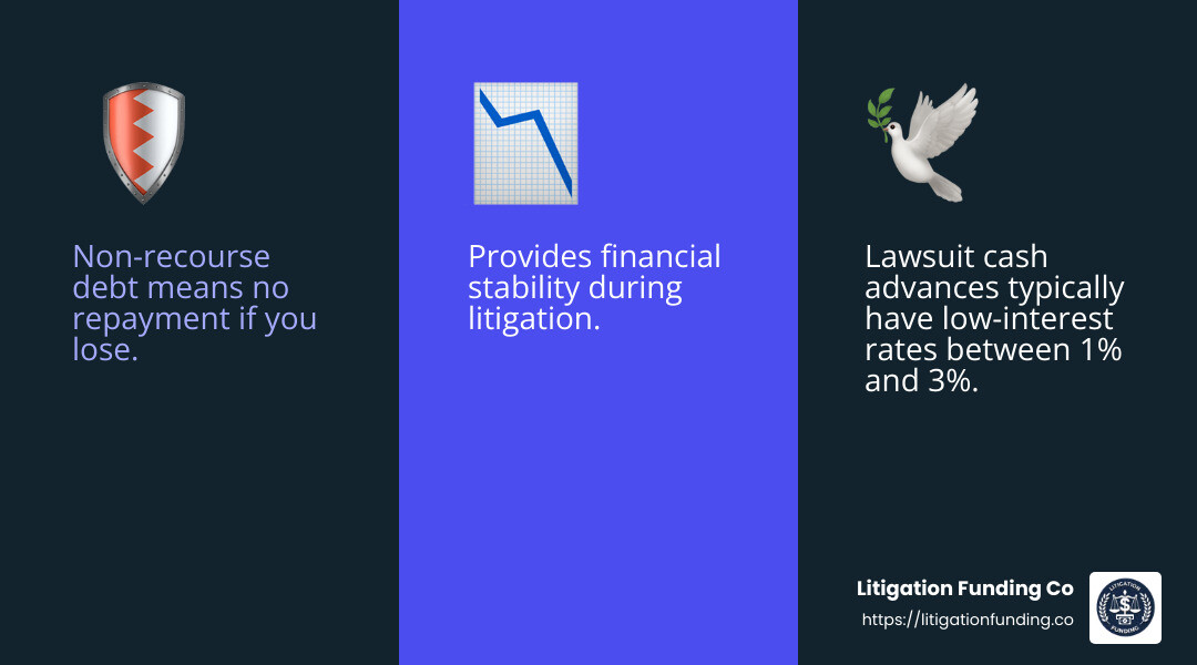 Non-recourse debt means no repayment if you lose - advance cash lawsuit infographic 3_facts_emoji_blue