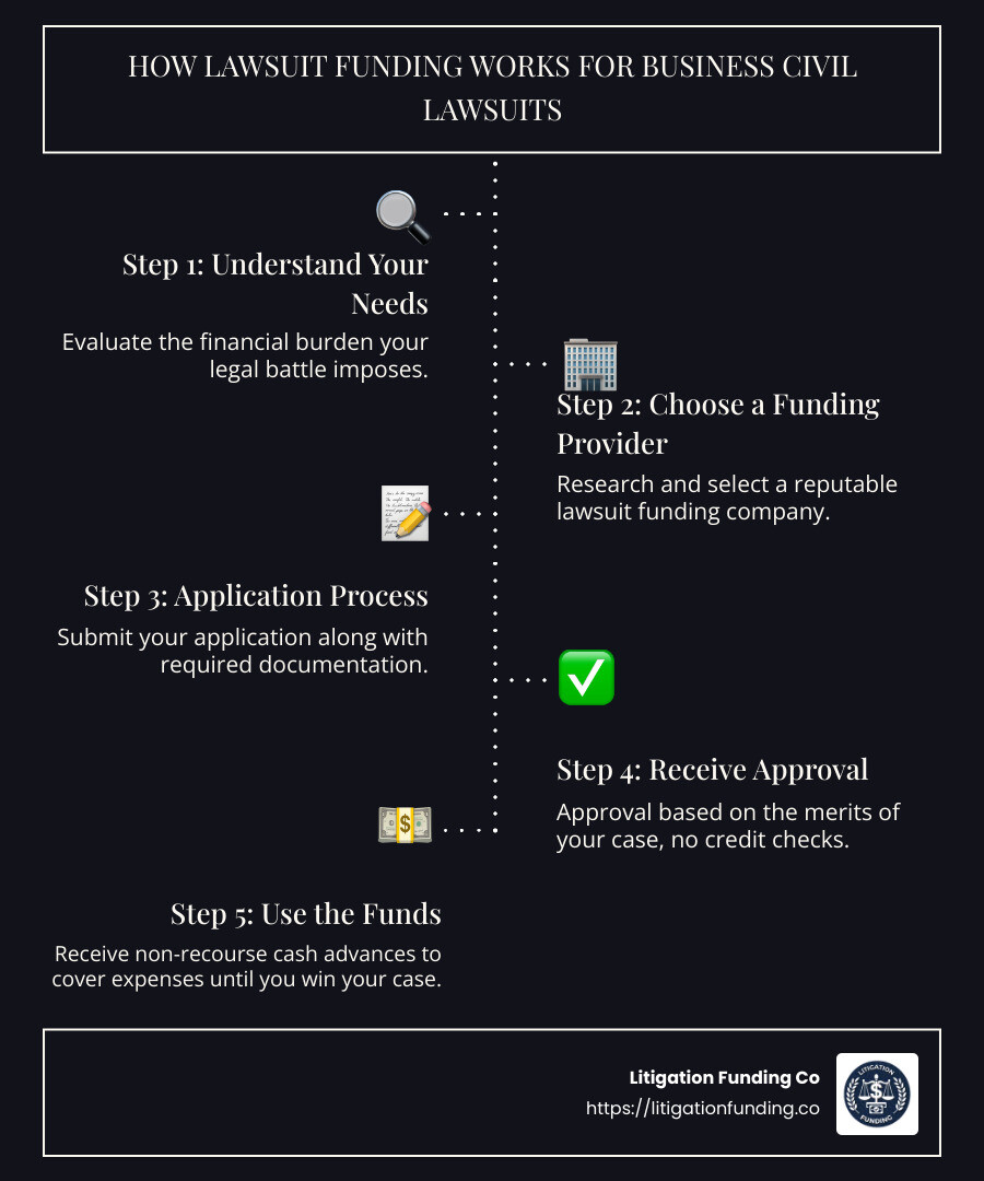 Quick overview of lawsuit funding for business civil lawsuits - lawsuit funding for business civil lawsuits infographic infographic-line-5-steps-dark