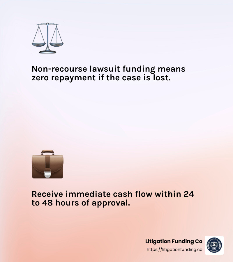 Non-recourse means no repayment if you lose - lawsuit funding for business civil lawsuits infographic 2_facts_emoji_light-gradient