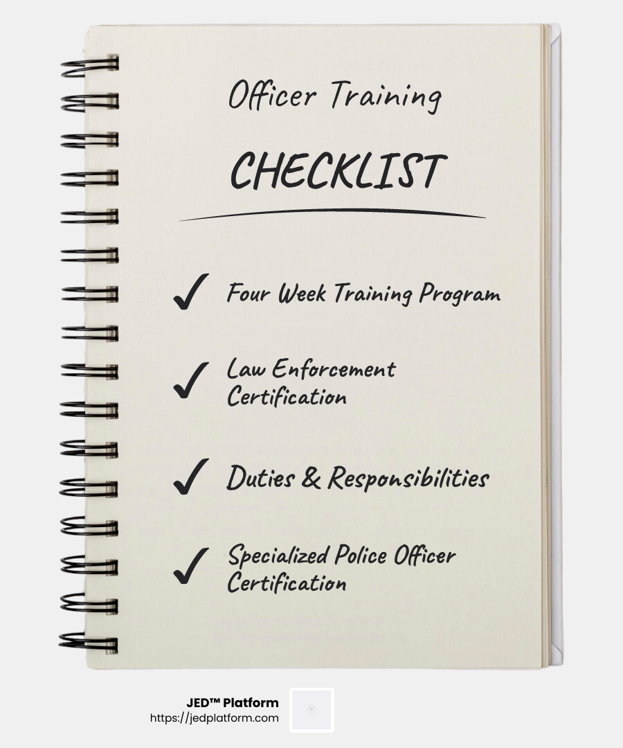 Four-week training program, law enforcement certification, probation and parole officer duties, specialized police officer certification - arkansas probation officer training infographic checklist-notebook