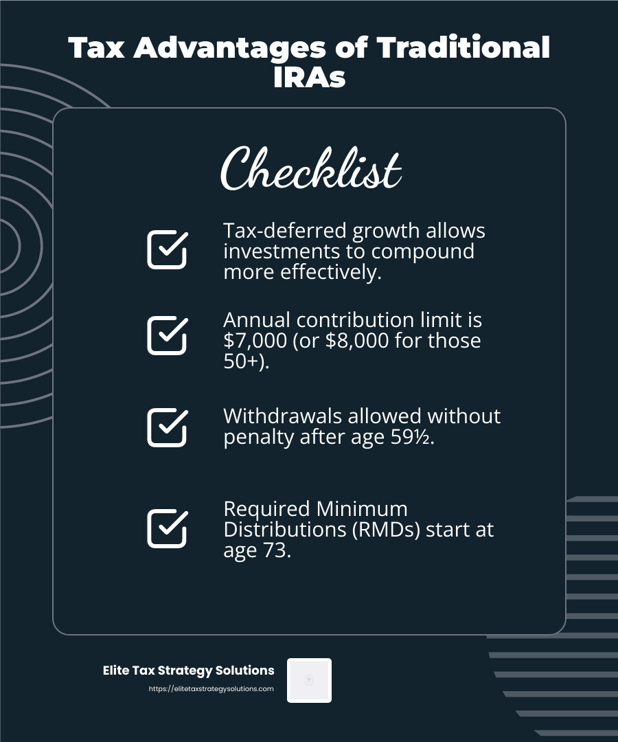 Tax Advantages of Traditional IRAs - traditional ira for high income earners infographic checklist-dark-blue