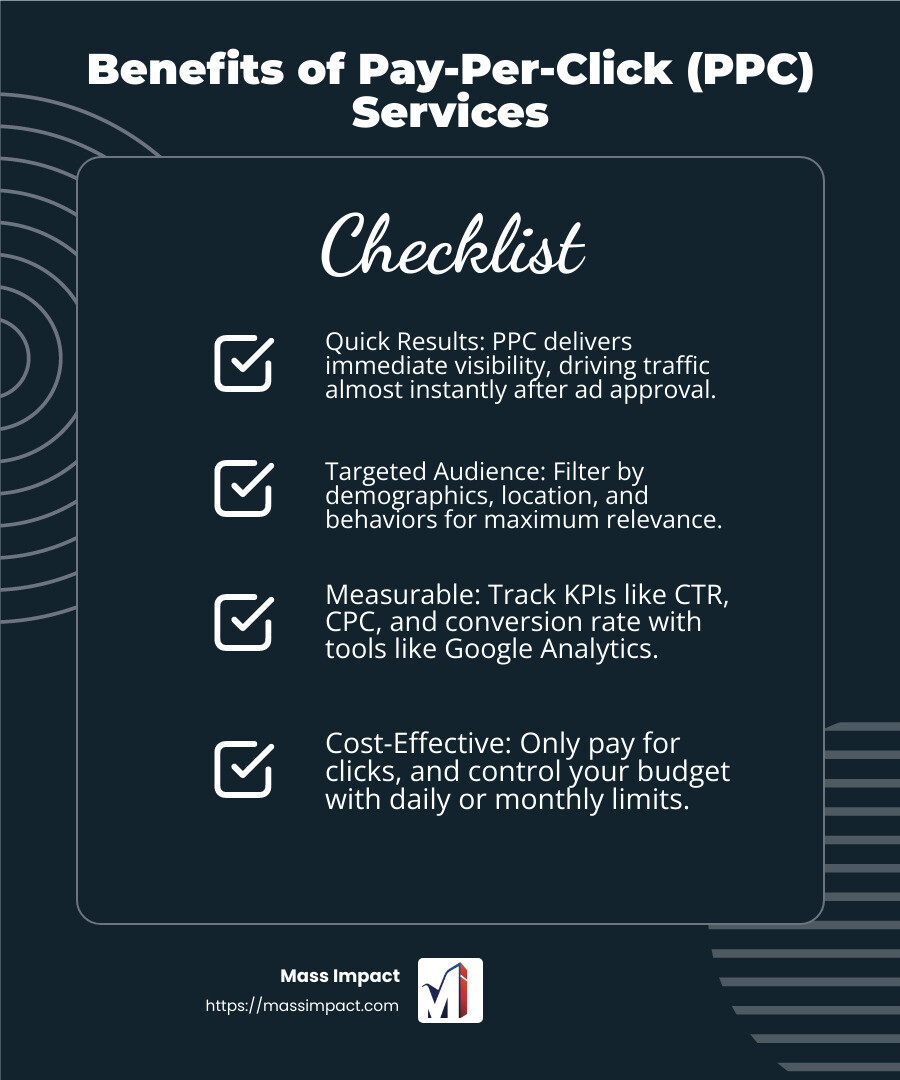PPC and SEO Work Together for Maximum Impact - pay-per-click services infographic checklist-dark-blue