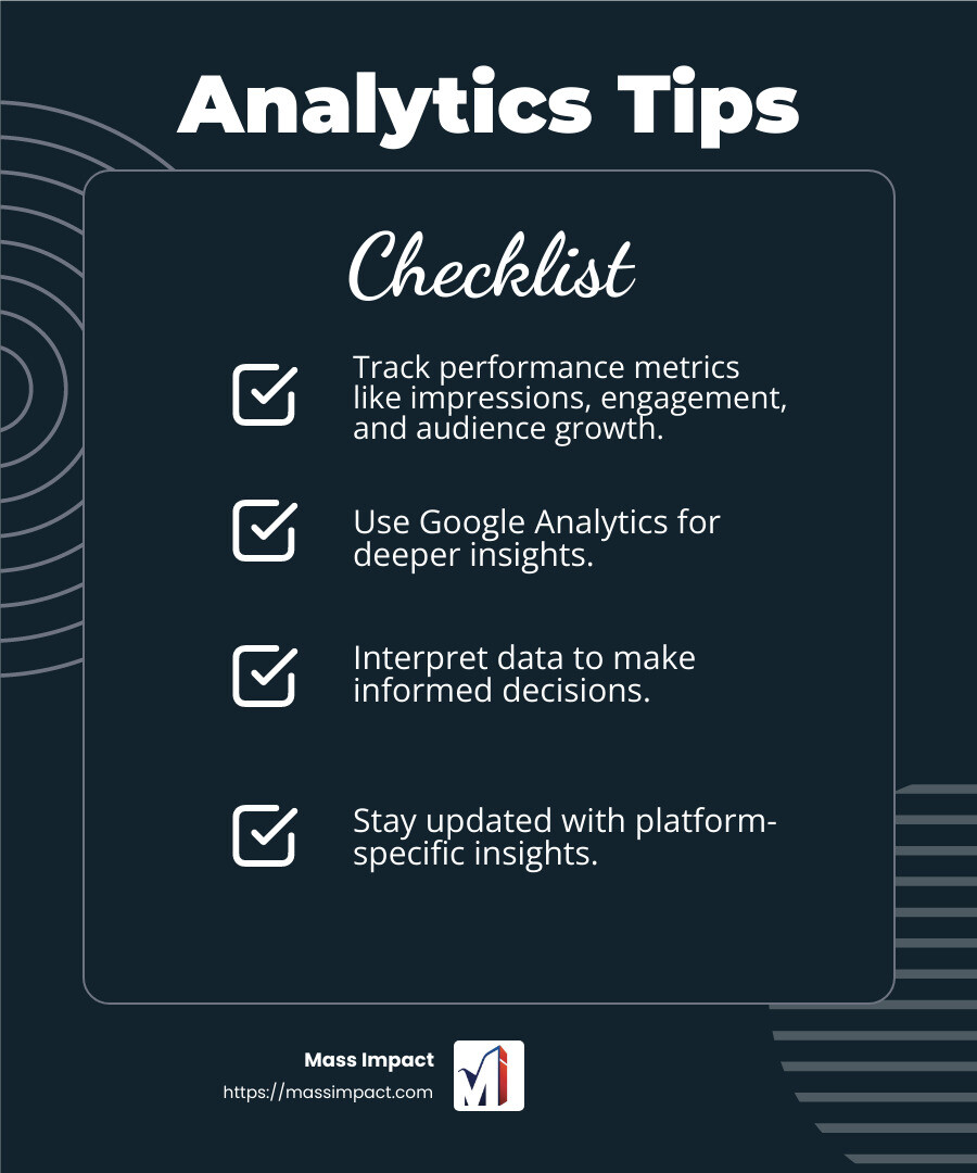 “Social media managers must use analytics tools to track and improve their strategies.” - how to become a social media manager with no experience infographic checklist-dark-blue