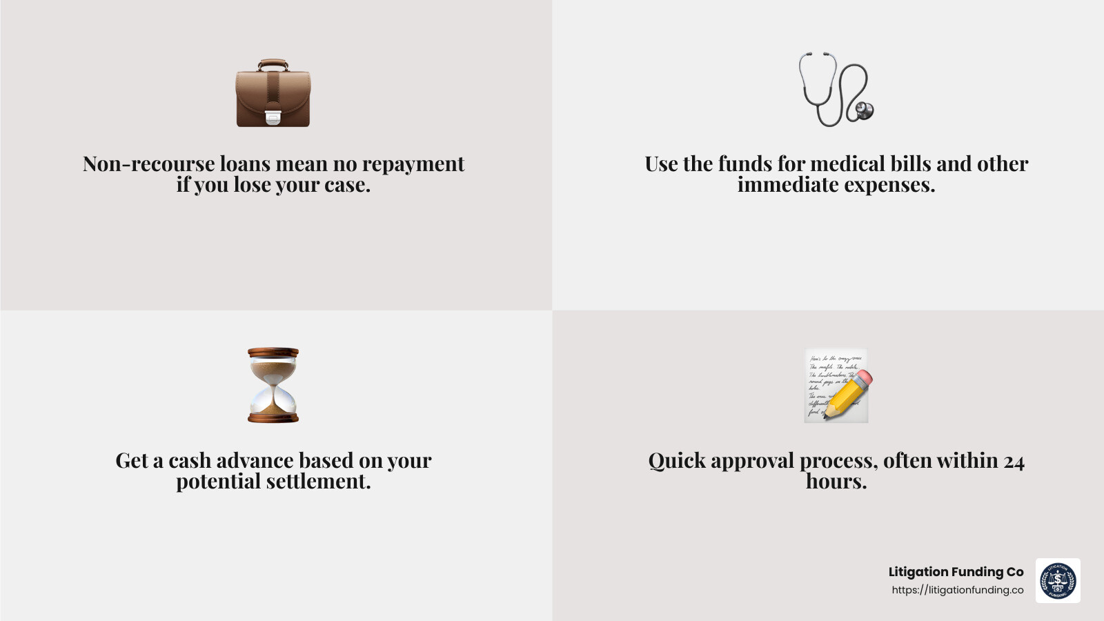 Non-recourse loans: You only repay if you win your case. - automobile accident loans infographic 4_facts_emoji_grey