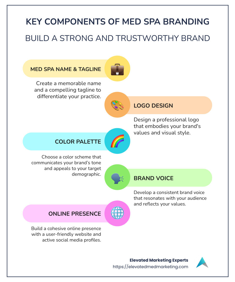 Key components of med spa branding infographic: Name, tagline, visual identity, website design, social media presence - med spa branding infographic infographic-line-5-steps-colors