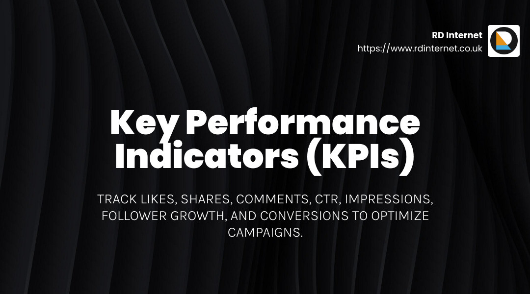 Key performance indicators (KPIs) such as likes, shares, comments, CTR, impressions, follower growth, and conversions are crucial for measuring performance and optimizing campaigns. - Social media marketing Bristol infographic simple-stat-landscape-dark