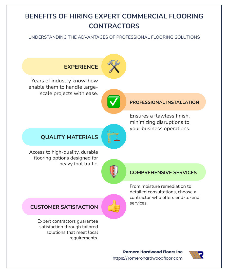Reasons to pick expert flooring contractors - commercial flooring contractors near me infographic infographic-line-5-steps-colors