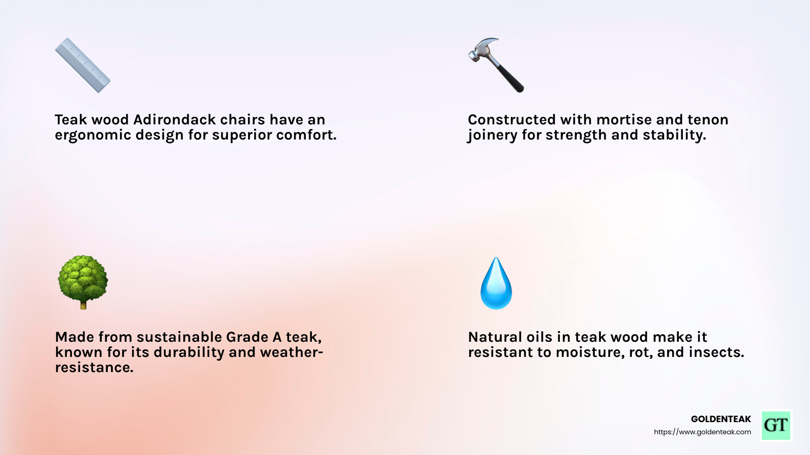 Teak wood is incredibly durable and weather-resistant - adirondack chairs teak wood infographic 4_facts_emoji_light-gradient
