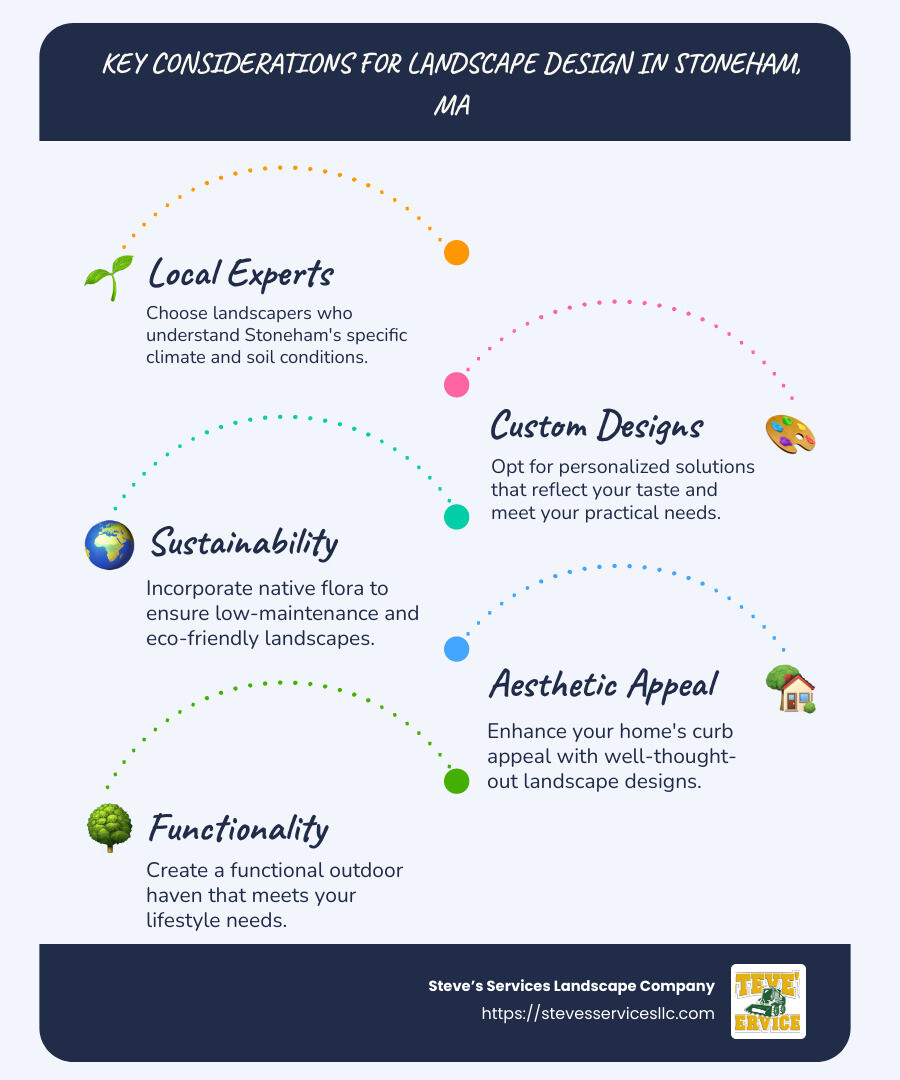 Summary of Key Considerations for Landscape Design in Stoneham, MA - landscape design stoneham ma infographic infographic-line-5-steps-blues-accent_colors