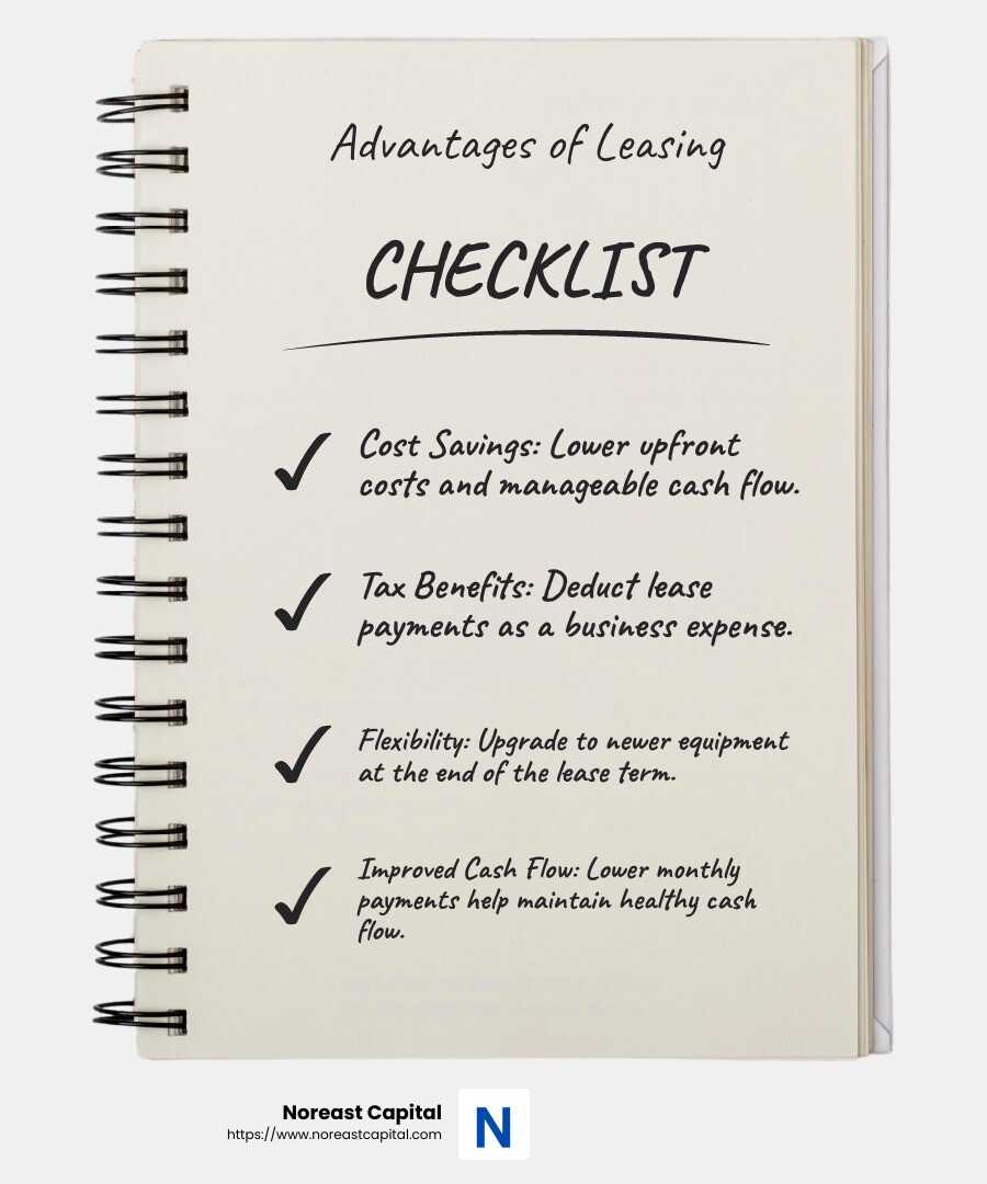 Leasing saves on upfront costs and improves cash flow - machinery lease agreement infographic checklist-notebook