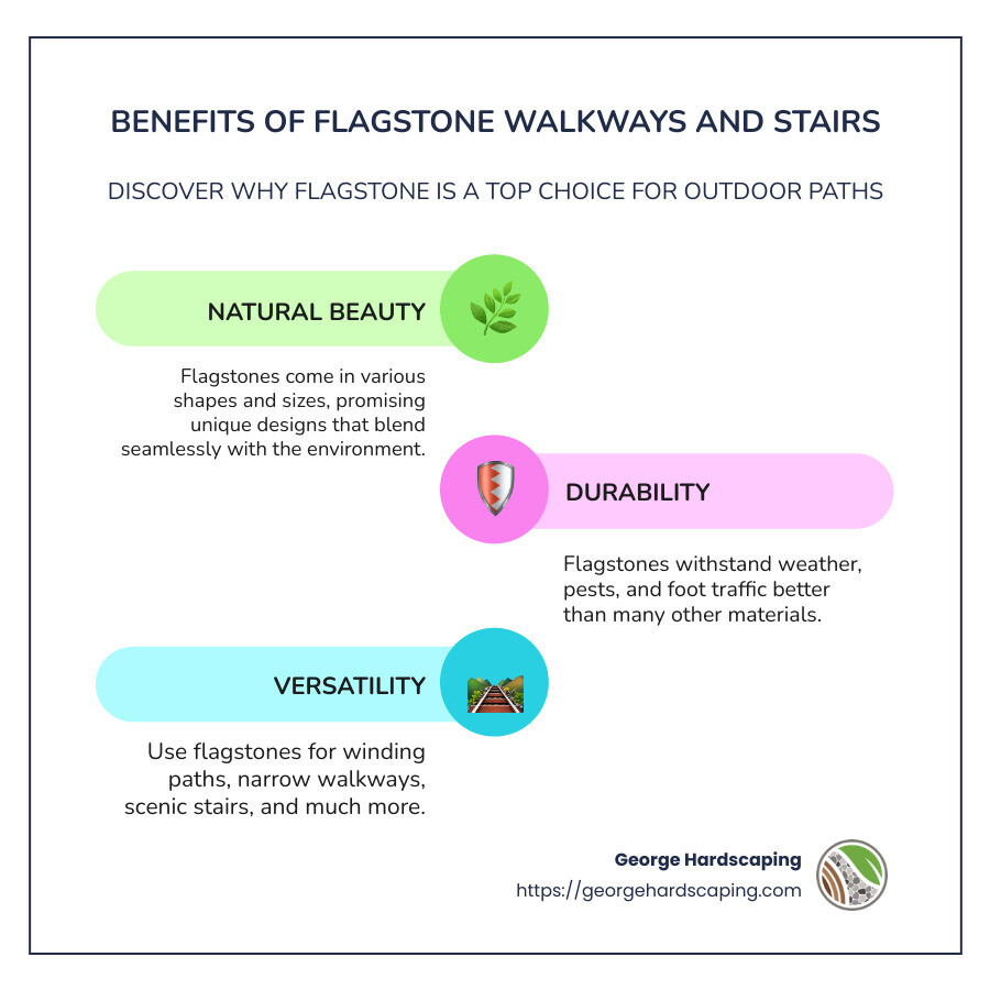 Mastering flagstone exteriors: Secret blend of nature’s beauty and incredible durability ensure timeless appeal for pavements and stairs. Infographic featuring durability, versatility, low maintenance, natural beauty - flagstone walkway and stairs infographic infographic-line-3-steps-colors