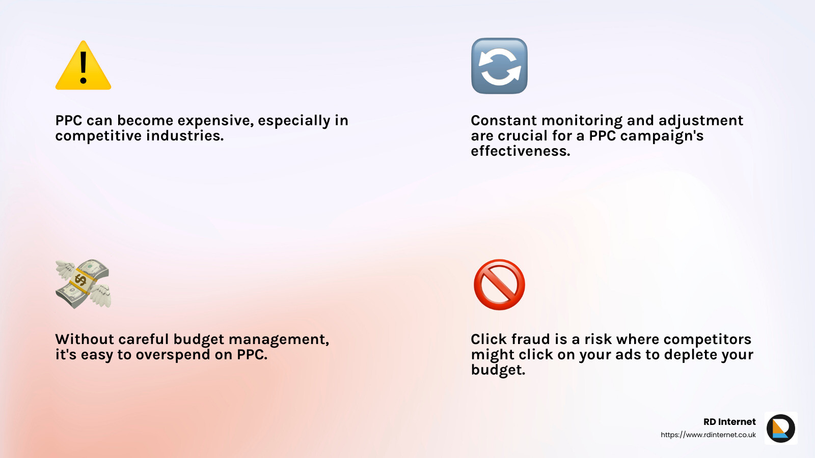 PPC can be highly effective, but it requires careful planning and continuous optimization. - does pay per click advertising really work infographic 4_facts_emoji_light-gradient