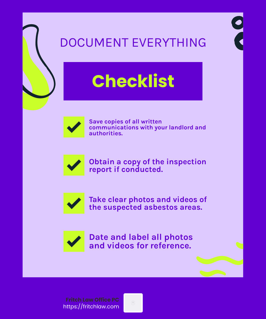 Document Everything - can i sue my landlord for asbestos exposure infographic checklist-fun-neon