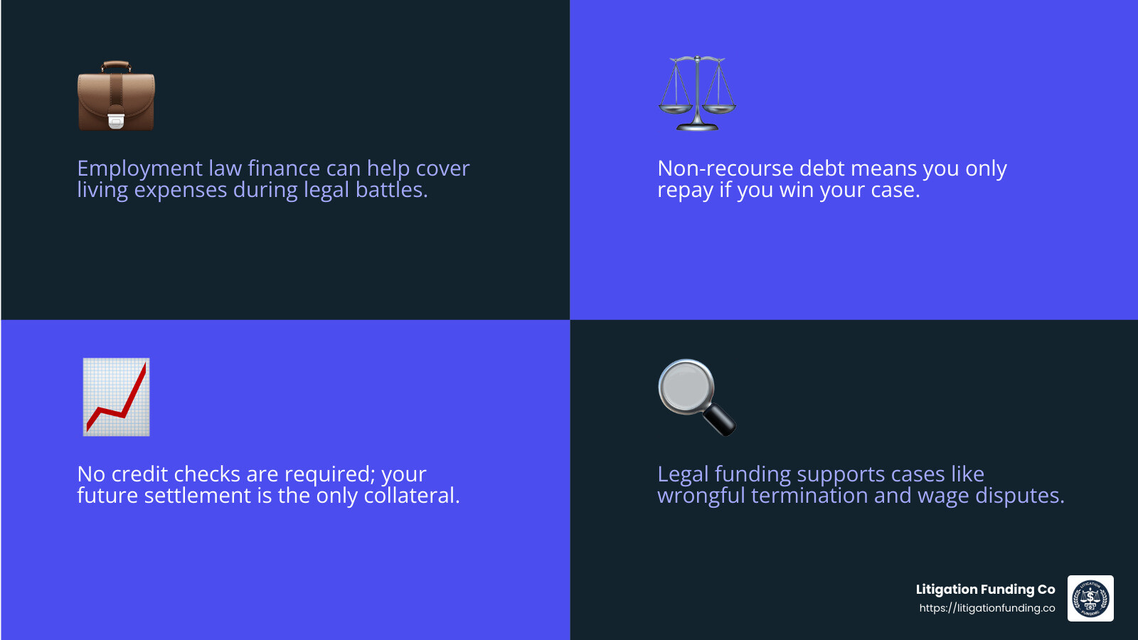 Financial Relief: Get the funds you need to cover living expenses, medical bills, and legal costs without waiting for your case to settle. - employment law finance infographic 4_facts_emoji_blue