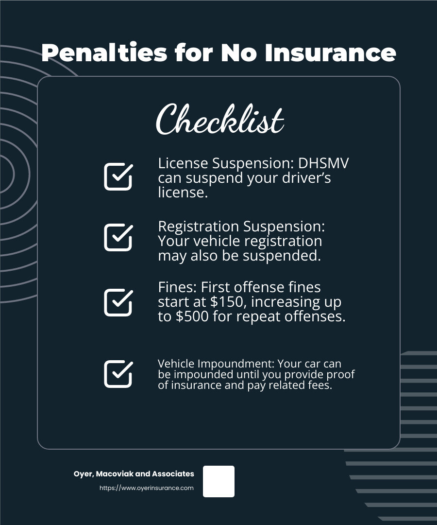 Driving without insurance in Florida can lead to license suspension, registration suspension, and fines up to $500. - cheap car insurance south florida infographic checklist-dark-blue