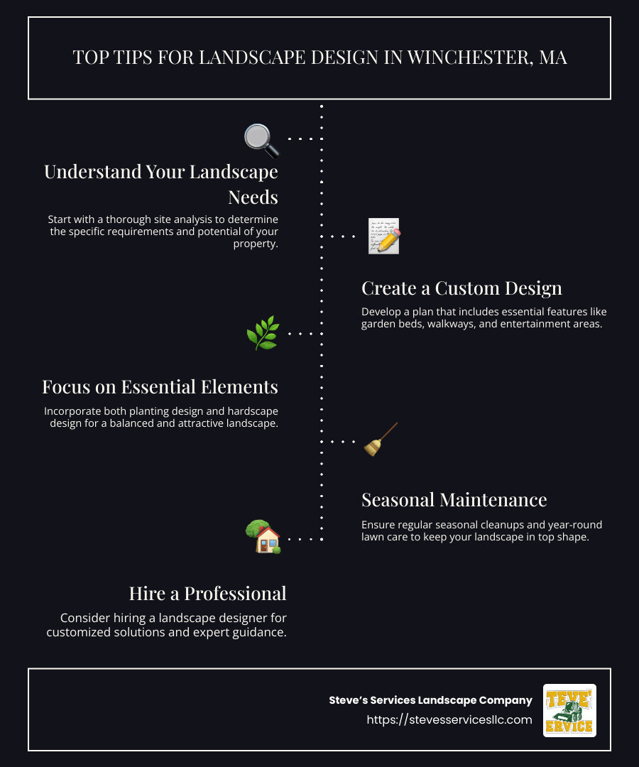 a visual representation of key landscape design tips - landscape design winchester ma infographic infographic-line-5-steps-dark
