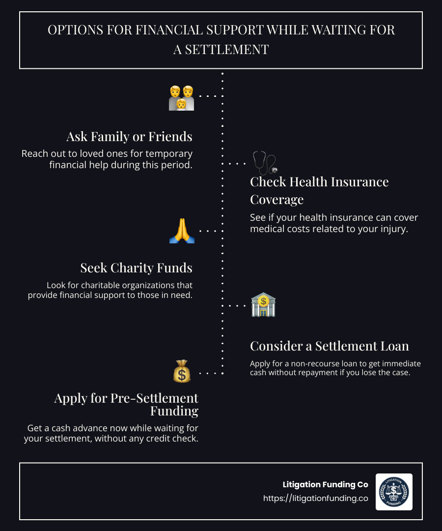 Infographic explaining options for financial support while waiting for a settlement - loan while waiting on settlement infographic infographic-line-5-steps-dark Infographic explaining options for financial support while waiting for a settlement - loan while waiting on settlement infographic infographic-line-5-steps-dark