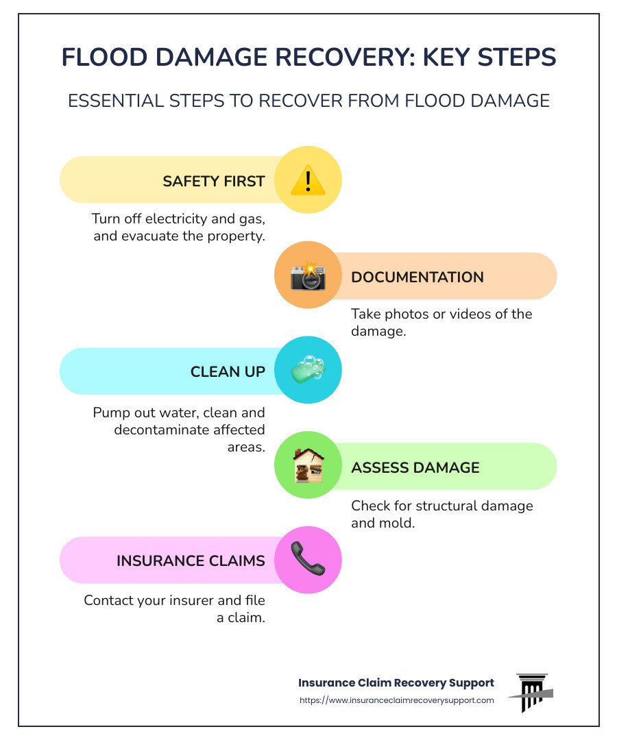 Floodwater and damage checklist infographic - flood damage recovery infographic infographic-line-5-steps-colors