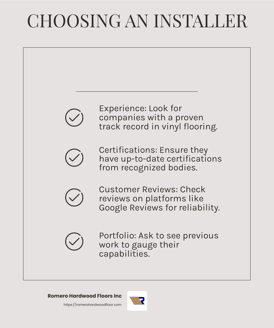 Customer reviews can provide transparent feedback on the installer's professionalism and quality of work. - residential vinyl flooring installer infographic checklist-light-beige