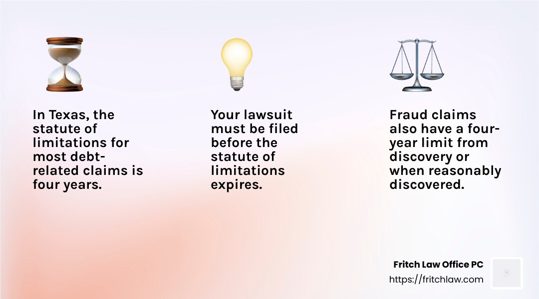 It's crucial to file your case before the statute of limitations expires. - can a business file in small claims court infographic 3_facts_emoji_light-gradient